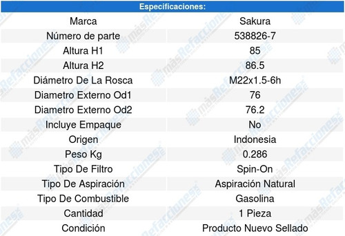 Filtro Aceite Dodge Dart L4 2l 13-16 Sakura 8639734