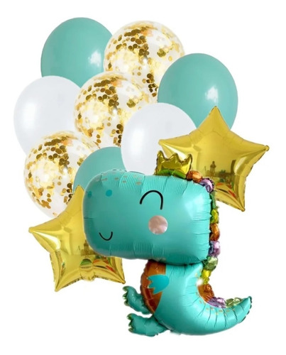 Set 11 Globos - Dinosaurio Bebe Metalizado Estrella Confeti