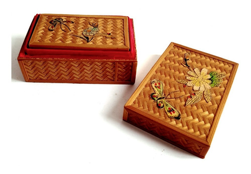 Dos Cajas Pequeñas Vintage Madera Zig Zag Mariposa Y Flor