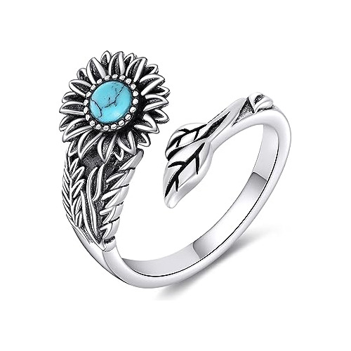 Crmad Anillo De Cuchara Turquesa S925 Plata De Ley Girasol T