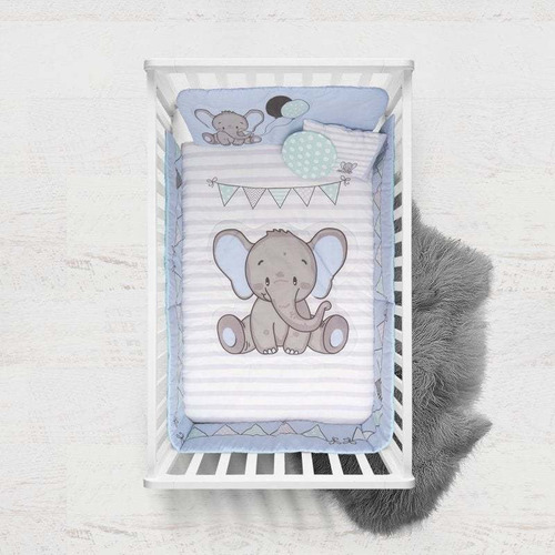 Set De Edredón Cama, Cuna Y Corral, 6 Pzas. Varios Diseños. Elefantito