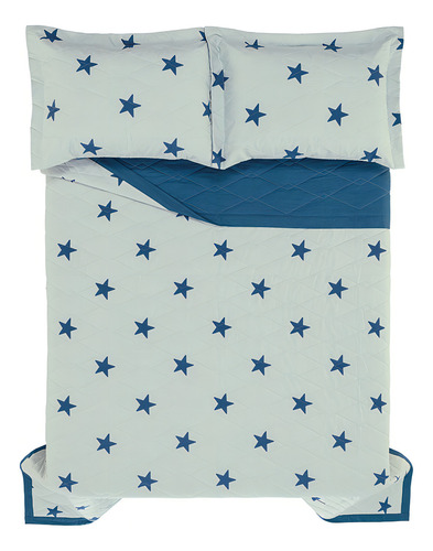 Kit Cobreleito Dupla Face Infantil Cama Casal Karsten Percal Cor Estrelado - Estrelas Azul