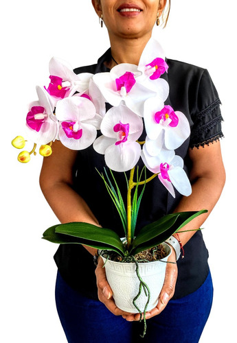 Arranjo Orquídea Artificial Branco Rosa Com Vaso Branco Mesa