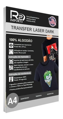 10fls A4 - Papel Transfer Laser Dark Algodão Tecido Escuro