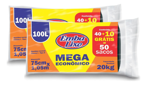 Saco De Lixo 100 L Mega Econômico Kit 100 Un Lixeira Grande Cor Preto