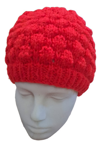 Gorro De Lana Tejido A Mano - Artesanal Rojo Unico Punto Burbuja