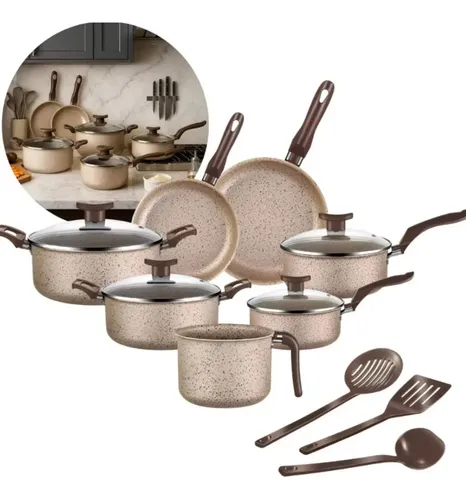 Conjunto Panelas Antiaderente 10 Peças Tampas Vidro Coffe Coffe Capuccino