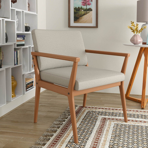 Poltrona Premium Tip Com Base De Madeira No Linho Areia