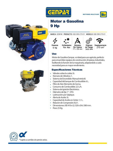 Imagen 2 de 3 de Motor A Gasolina 9hp 270cc Eje Std 1 3600 Rpm Genpar Drop