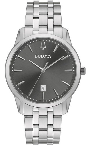 Reloj clásico Bulova 96b341 para hombre, color de correa plateado y bisel plateado, color de fondo gris