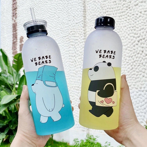 Imagen 3 de 8 de Termo Botella Contenedor De Agua Osos Tapa Con Popote 1 L