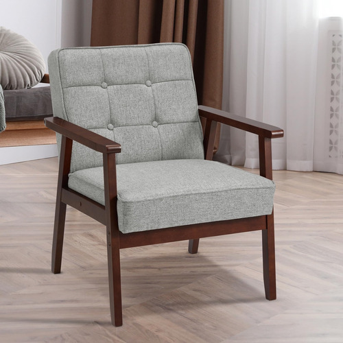 Sillón Tapizado De Lino Con Marco De Madera Maciza Gris Clar