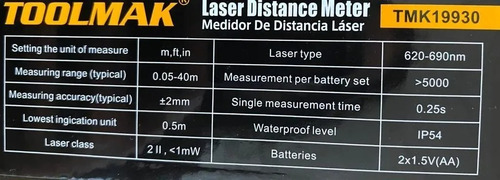 Medidor De Distancia Láser 40 Metros Toolmak Tmk19930