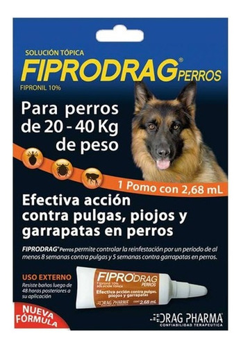 Pipeta Fiprodrag Antipulga Perros De 20 A 40 Kg 2,6 Ml