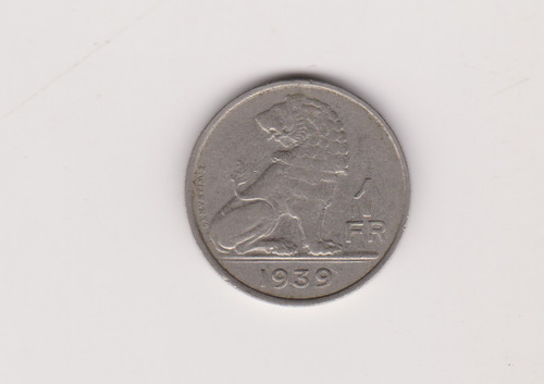 Moneda Belgica 1 Franco Año 1939 Muy Bueno Sucio ++