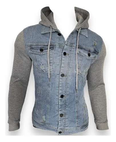 Chamarra Mezclilla Gorro Y Mangas Sudadera Strech Slim Fit Env o