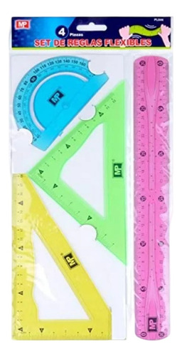 Set 4 Regla Y Escuadras Flexibles Diferentes Irrompible Neon