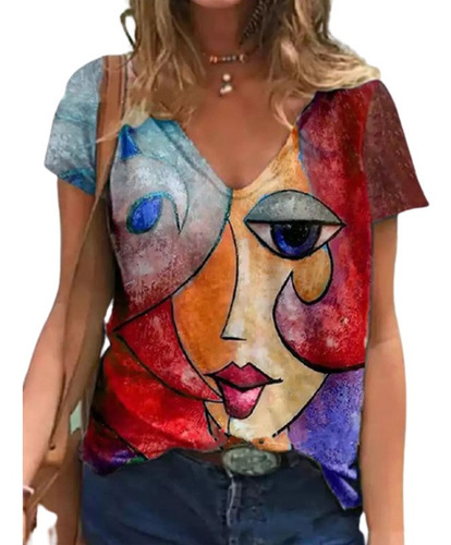 Women's V Print Loose Vintage Short Sleeve Shirt
