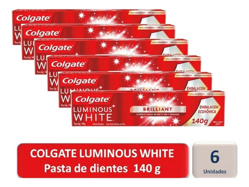 6 Pasta Dientes Colgate Luminous White 140 Gr