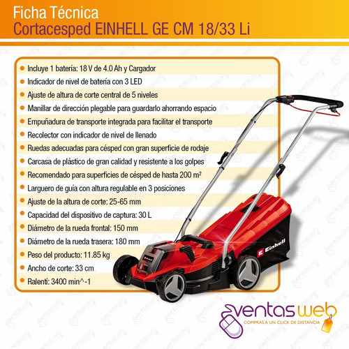Imagen 7 de 8 de Cortadora D Cesped Inalambrica Brushless Einhell Kit Bateria