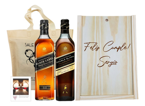 Box Johnnie Walker Black + Doble Black Label Madera Grabado 