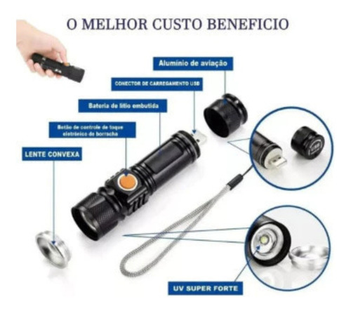 Lanterna Tática Militar Led T6 Zoom Potente Usb Recaregável