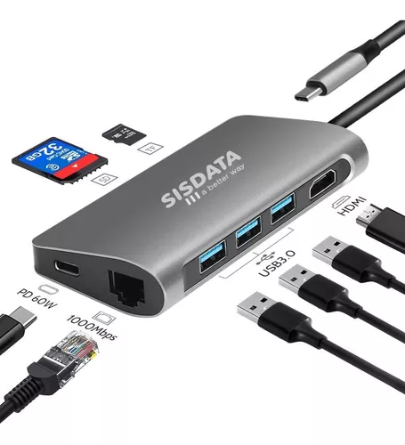 ADAPTADOR MINI USB-C HDMI, RJ45, RED, TARJETA DE MEMORIA