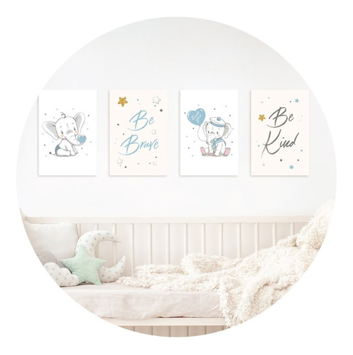 Placas Decorativas Elefante Azul Para Quarto 20x30cm Kit 4un