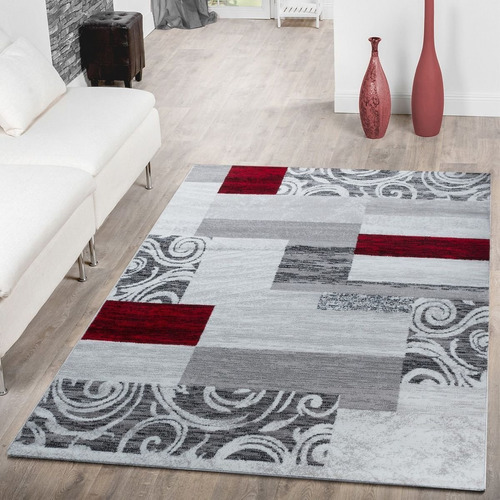 Alfombra Salon Diseño Patchwork Moderno Clasico Gris Rojo X