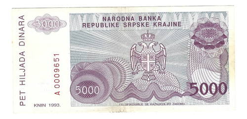 Billete Croacia 5,000 Dinara  (1993) Rep. Serbia Krajina