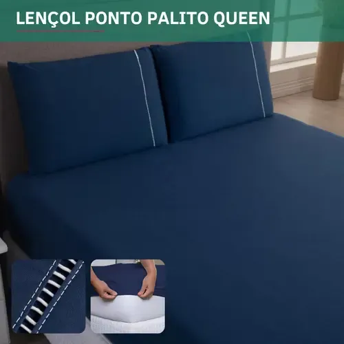 Jogo De Cama 3 Peças Queen 400 Fios Percal C/ Fronha Ponto Palito Lençol Elástico Extra Macio Cinza Azul Marinho Premium