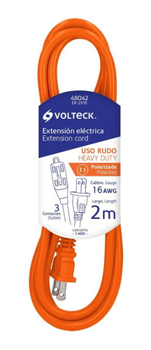 Extensión Eléctrica Uso Rudo, 2m, Calibre 16, Volteck  48042