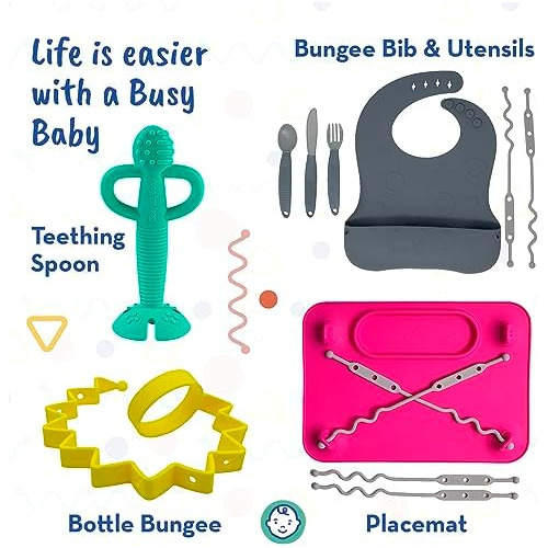 Busy Baby Babero Elástico De Silicona Y Utensilios | Sistema