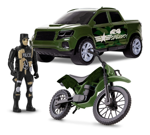 Carrinho Pick Up Militar Com Boneco E Moto - Samba Toys