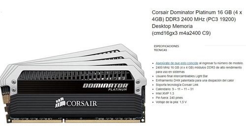 Memoria Ram Corsair 8gb (2x4) Dominator Platinum Ddr3 2400m