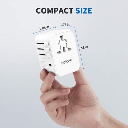 Adaptador de viaje universal Epicka blanco con 3 puertos USB-C y 2 puertos USB-A, compatible con EE. UU., UE, Reino Unido y Australia.