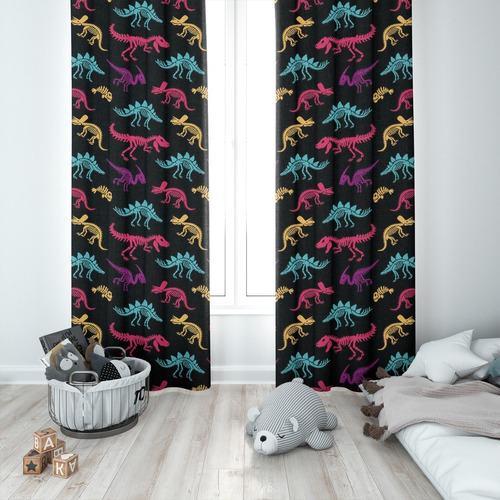 Cortina Quarto Infantil Tecido Oxford Menino Menina - 2,20m Cor Esqueletos Dinossauros Neon