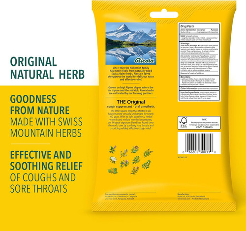 Dulce Ricola Swiss Alpine Herbs Original (45/paquete) 221.97gr - Tos y Dolor de Garganta