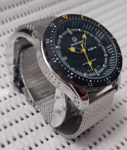 Relogio G H Golden Hour Aço Mesh Diver Militar Quartz 30m