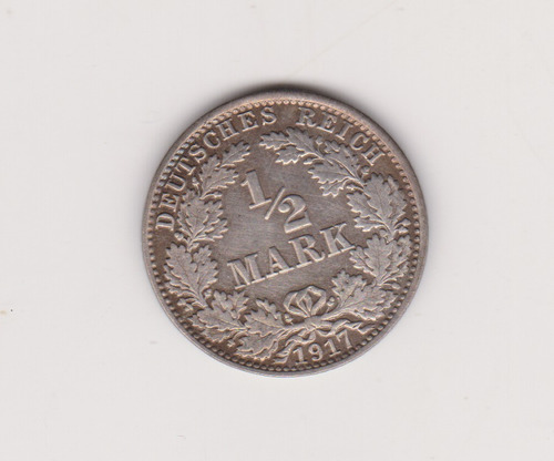 Moneda Alemania 1/2 Marco Año 1917 A Plata Muy Bueno +