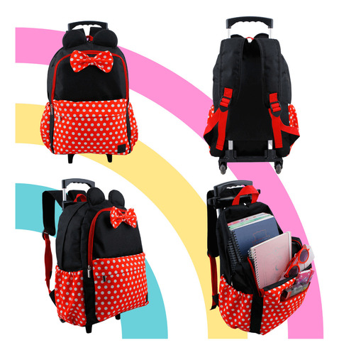 Mochila Rodinha Minizinha Grande Resistente Preta Svg Cor Vermelho Desenho do tecido Bolinha