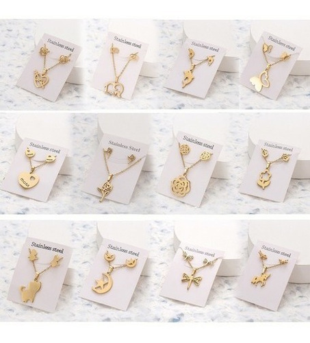 Set 24 Coordinado Collar Dije + Aretes Acero Inox Mayoreo