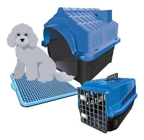 Kit Casinha Caixa De Transporte E Sanitário Pet Dog N3 Azul