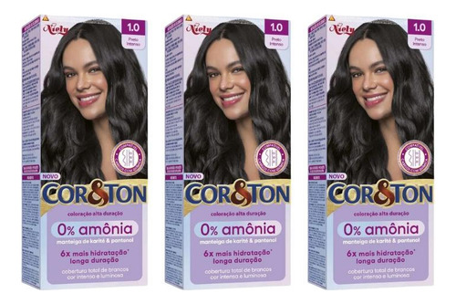 Cor&Ton Coloraçao cor&ton sem amonia 1.0 preto intenso-kit c/3un tom preto