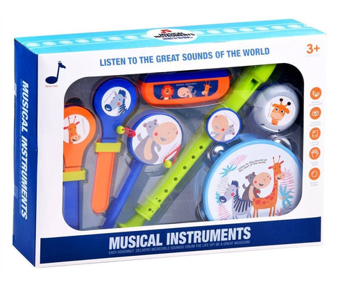 Imagen 7 de 10 de Set X 7 Instrumentos Musicales Infantil Orquesta Tambor 530