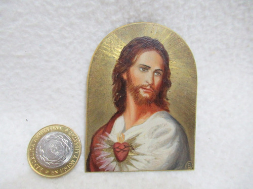 Antiguo Ícono Religioso Sagrado Corazón Jesús Pintado Firma (Usado)