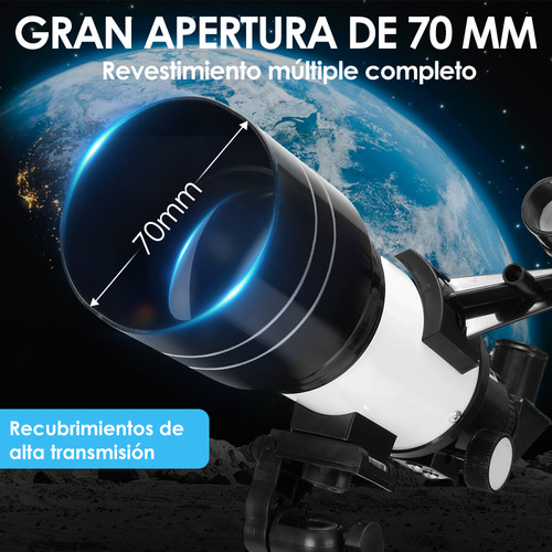 Telescopio Astronómico Profesional 70/300mm 150x Remoto Bluetooth con Adaptador para Smartphone Nasjac Blanco