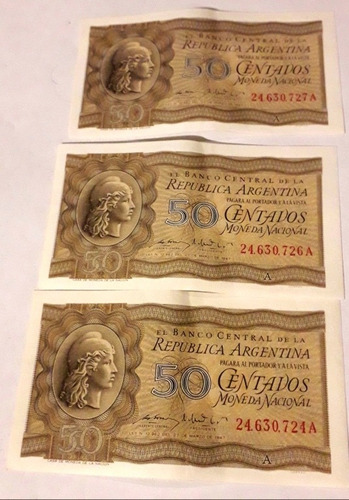 Lote 3 Billete 50 Centavos Moneda Nacional 2 Son Correlativo