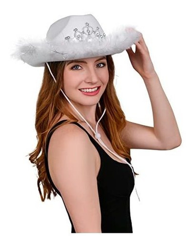 Black Cowgirl Light Up Tiara Hat With Feather Trim - Nljv8