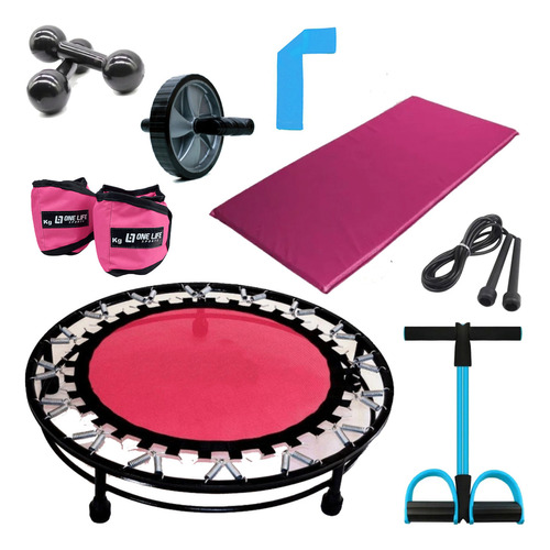 Kit Mini Jump + Caneleira 5 Kg + Halter 3 Kg + Produtos Fit Cor Rosa